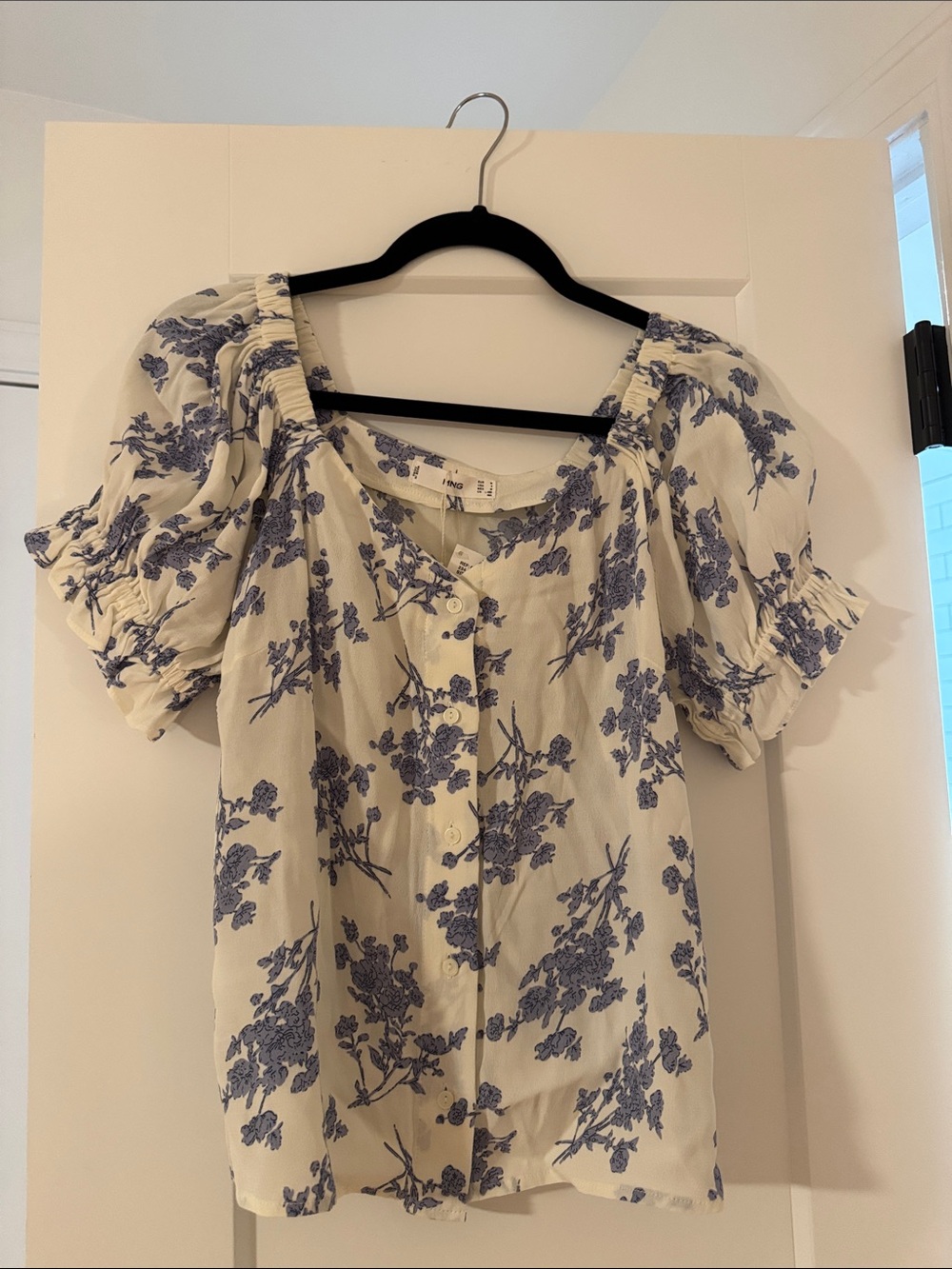 Mango Floral Puff Sleeve Button-Front Top - Blue/White